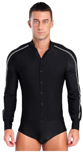 inlzdz Herren Latein Hemd Tanz Oberteil Langarmshirt Trikot Leotard Hemdbody mit Strass Standard Jazz Tanz Kostüm Wettbewerb Ballroom Schwarz S