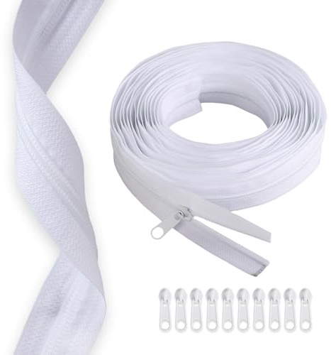 20m Reißverschluss - 3,2 cm Endlosreißverschluss mit Zipper - Nylon mit 40 Zippern - Zum Nähen und Basteln - Für Kleidung, Taschen, Bettwäsche (Weiß)