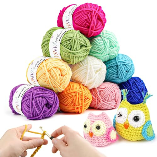YINVA Häkelgarn 10 Farben x 25g Acryl Wolle Zum Häkeln Wolle Zum Stricken Häkelwolle für Anfänger Mehrfarbiges Crochet Yarn zum Stricken Häkeln und Basteln