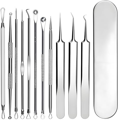Rnitle 11 Stücke Mitesserentferner Komedonenquetscher Set,mit Metallgehäuse,Hochwertiger Edelstahl Akne Mitesser Entferner Extraktor Tools,Für Whitehead-Akne Auf Der Nase