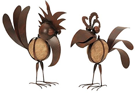 Geschenkestadl 2er Set Riesen Metall Figuren Vogel mit Stein 32cm bis 35cm Rostfarben Garten Dekoration