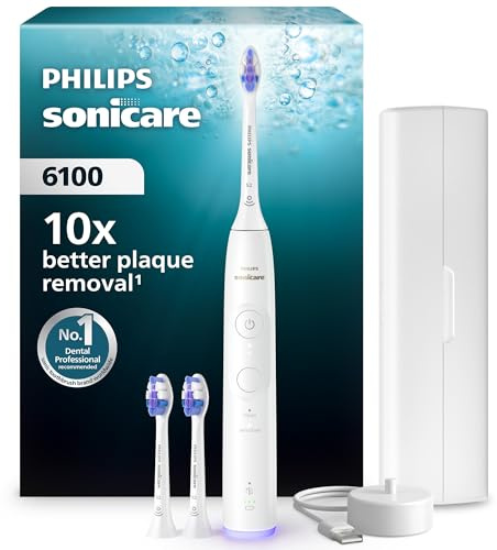 Philips Sonicare 6100 elektrische Zahnbürste, Schallzahnbürste mit 2 Putzmodi, 3 Intensitätsstufen, Andruckkontrolle, EasyStart, SmarTimer, Reiseetui, Weiß, Modell HX7400/02 [Neue Technologie]