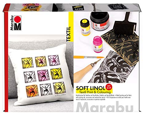 Marabu 1703000000081 - Soft Linol Print & Colouring Set, Hochdruckset für Textilien m. Softdruckplatte, Schneidewerkzeug mit Klingen, Schaumroller, Pinsel, 100ml Druckfarbe und 2 x 15ml Aquarellfarbe