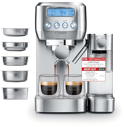 CASO Espresso Gourmet Latte - Testurteil Sehr Gut, Siebträgermaschine mit integriertem Milchbehälter, 20 bar ULKA Pumpe, Tassenwärmeplatte, 1 oder 2 Tassen, Silber, Edelstahl