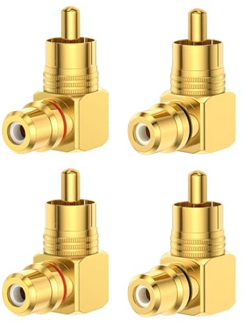 4 Stück Cinch Adapter 90 Grad, RCA 90° Winkelstecker Konverter Vergoldet, RCA Rechtwinkliger Cinch Stecker auf Buchse Adapter, für Audio Videogeräte Enge Räume und Kabelführung, 2 Rot 2 Schwarz
