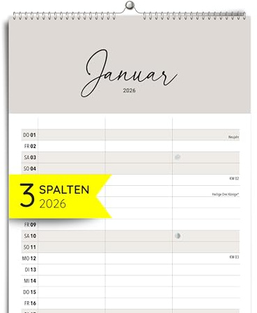 heaven+paper Paarplaner 3 Spalten Cozy Boho schlicht - Kalender für zwei 2026 mit Feiertagen, Schulferien, Mond - Wandkalender 2026 Familienkalender (42x21cm) (Cozy, 3 Spalten)