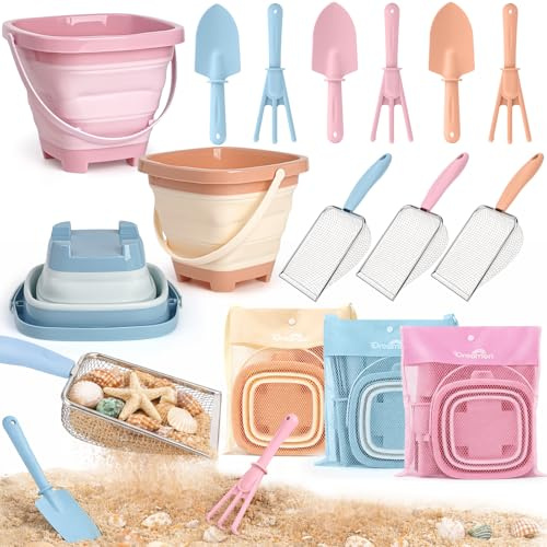 Dreamon Sandspielzeug Sandkasten Spielzeug Kinder 3 Farben Strandspielzeug Kinder Mit Faltbarer Eimer Sandsieb Schaufel Rechen Strand Spielzeug 3 4 5 Jahre