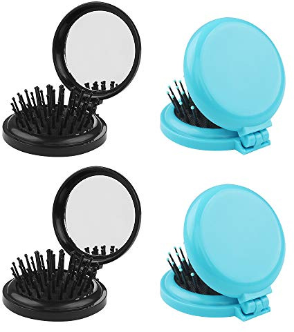Dadabig 4 Stück Faltbare Tasche Haarbürste Tragbare Kleine Massagekamm | Rund Mini Haarkamm mit Make-Up Spiegel Klappbürste Taschen-Haarbürste für Arbeit und Reise Täglichen Bedarf (Schwarz & Blau)