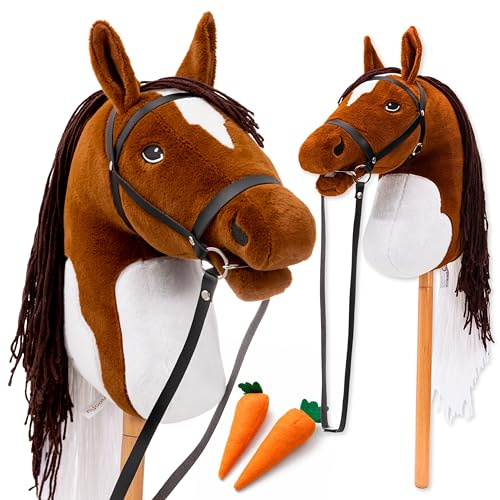 Hoofly Hobby Horse Pferde – Großes Steckenpferd für Kinder A3 mit Trense & 40 cm Schraubstab | Realistisches & weiches Stockpferd Braun (Schecke) | Hobby Horsing Pferd in 4 liebevollen Farben