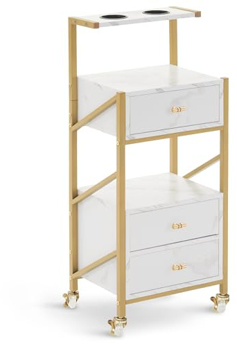 M MCombo Friseurwagen mit Rollen, 3 Schubladen, Rollwagen Servierwagen Salon Trolley, mit 2 Ablagen & 2 Föhnhalter, Moderner Arbeitswagen für Bad (Weiß-Gold)