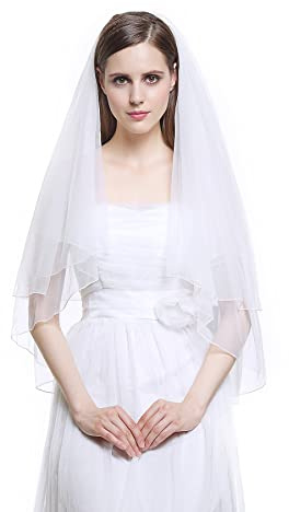 BEAUTELICATE Schleier Brautschleier Braut Hochzeit Softtüll Weiß Ivory Lang Kurz Kurbelkante Mit Metall Kamm 2 Schicht (Weiß,Fingerlänge)
