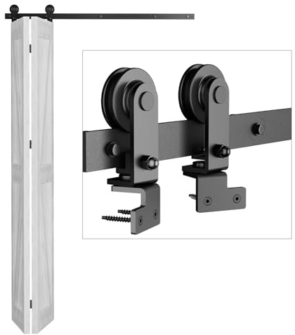 102cm/3.3FT Bifold Schiebetürbeschlag Schiebetüren Schiebetürsystem Komplettset Laufschiene Rollen Set Schwarz für 2 Holztür 48cm Top Mount T Rad