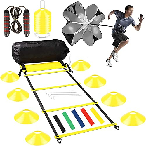 Fußball Trainingsset,Jewaytec Agility Speed Ladder,Koordinationsleiter,Fussball Training Trainingszubehör Set mit 8m Trainingsleiter,16 Sportkegel,Widerstand Fallschirm,Springseil,5 Widerstandsbänder