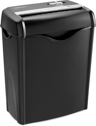 Amazon Basics Aktenvernichter, 5-6 Blätter Querschnitt, für Papier und Plastikkarten, Schwarz