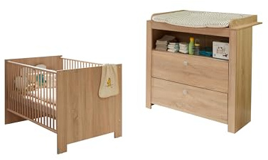 trendteam smart living - Olivia - Babyzimmermöbel-Set (Babybett [143x83x78cm] + Wickelkommode [96x104x69cm]) - Eiche Sägerau - silberfarbene Knopfgriffe - Kratzfest