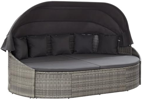 vidaXL Outdoor Sonneninsel mit Dach Gartenliege Liege Insel Gartenmöbel Lounge Sitzgruppe Gartenmuschel Sonnenliege Poly Rattan Grau