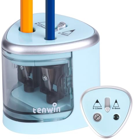 tenwin Elektrischer Bleistiftspitzer, Doppelloch-Batteriespitzer für 6-12mm No.2/Buntstifte, langlebige Klinge zum schnellen Anspitzen, geeignet für Schule/Klassenzimmer/Büro/Haus, Blau