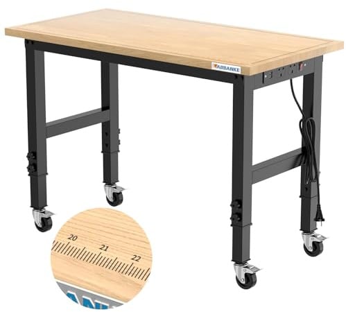 LARBANKE 120CM Schwerlast-Werkbank für die Garage,Gummi Holz Werkbank hat einstellbare 5 Verschiedene Höhen,Hartholz Arbeitstisch Gewicht Kapazität über 900KG,für Werkstatt,Garage, Büro,Haus