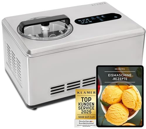 KLAMER 2-in-1 Eismaschine & Joghurtbereiter 2 L, 220 W Eiscrememaschine aus Edelstahl mit Kühl- und Heizfunktion, hausgemachtes Speiseeis mit selbstkühlendem Kompressor, inkl. Konsistenzsteuerung