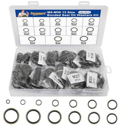 Seconero 194 Stück Ölablassschraube Dichtung Set, O-Ringe Hydraulik Dichtringe mit Gummilippe, 13 Größen, M5-M30 Dichtring Ölablassschraube Bonded Seal Dichtring, Dichtungsringe Sortiment