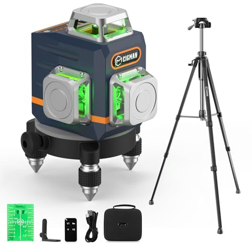 Kreuzlinienlaser mit Stativ, CIGMAN 3x360 Grad Grün Selbstnivellierend Laser Wasserwaage mit 1,4m -Aluminium-Baustativ, Baulaser Kreuzlaser Linienlaser bis zu 30 Stunden mit Lithium-Batterie,CM701T