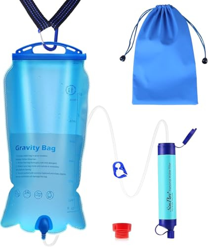 SimPure Gravity Wasserfilter Outdoor, 3L Tragbar Wasserbeutel Camping mit Trageriemen und Aufbewahrungstasche, Filtergenauigkeit bis zu 0,1 Mikron, Entfernt 99,9999% E.coli, Wandern, Reisen