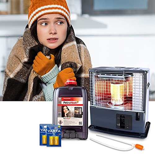 ration1 Petroleumofen 3000 W mit Petroleum 20 L | Komplett Paket mit Heizgerät, Brennstoff, Handpumpe, Batterien, für Camping, Zeltheizung, Terrassenheizer, bei Stromausfall