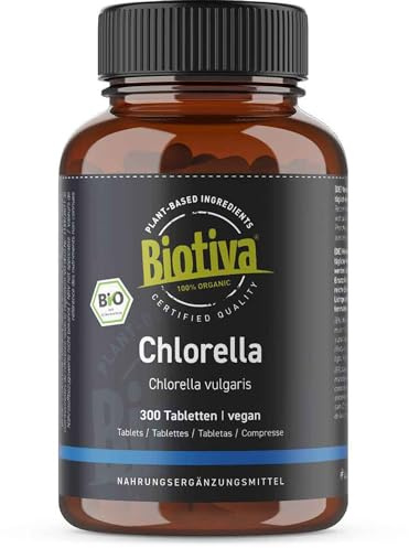 Chlorella Tabletten Bio - 300 Presslinge je 500mg - 150g - Vegan - OHNE Magnesiumstearat - Abgefüllt und kontrolliert in Deutschland - Biotiva