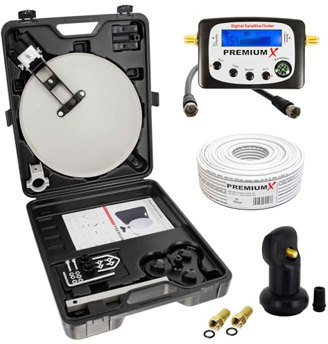 PremiumX Camping TV SAT Anlage Satelliten-Schüssel Single LNB 10m Antennen-Kabel F-Stecker Sat-TV-Signalfinder im Koffer