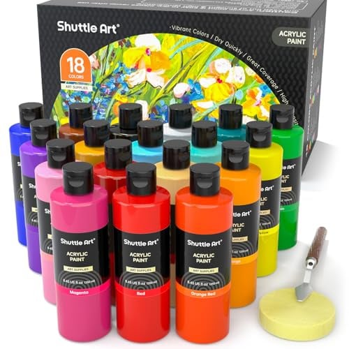 Shuttle Art Acrylfarben Set, 18 Acrylfarben in Flaschen (je 250ml, 8,45oz), hochpigmentierte Acrylfarbe, Premiume Acrylfarbe für Künstler, Anfänger und Erwachsene auf Steine, Leinwand, Holz geeignet