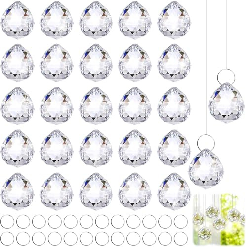 24Pack Kristall Sonnenfänger, 0.94/24 mm Kristalle zum Aufhängen, Kristalle Deko Anhänger, Lichtfänger für Fenster, Kronleuchter, Feng Shui & Geschenk (Clear)