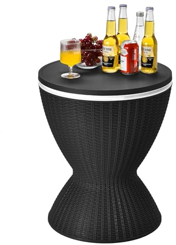 RELAX4LIFE 3 in 1 Beistelltisch Outdoor, Kühltisch in Rattanoptik, Getränkekühler höhenverstellbar, 30 L Cool Bar mit abnehmbarem Deckel & Abflussloch, bis 75kg belastbar, für Party & Camping, Schwarz