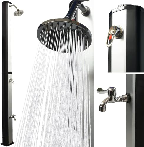 UMBRELLA® Solardusche 35 Liter mit Fußdusche – schwenkbarer Regenduschkopf – Solar Gartendusche/Außendusche/Pooldusche ohne Stromanschluss – Gartenschlauch-Anschluss, bis 60°C – Schwarz/Silber