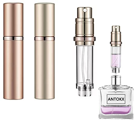 ANTOKX Reiseparfümflasche nachfüllbarer Zerstäuber - 2-Pack 5ML Parfümflasche, Taschenparfümspender, Duftpumpenetui, auslaufsicherer tragbarer Parfümzerstäuber (Gold & Roségold)