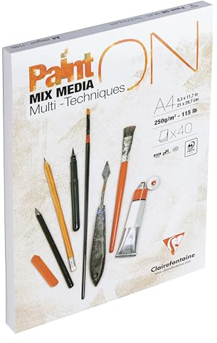 Clairefontaine 96537C - Malblock / Zeichenblock PaintON feinkörnig DIN A4 21x29,7 cm, kopfseitig geleimt, 40 Blatt, 250g, 100% Zellulose, Korrekturen möglich, ideal für Mixmedia, Weiß, 1 Stück