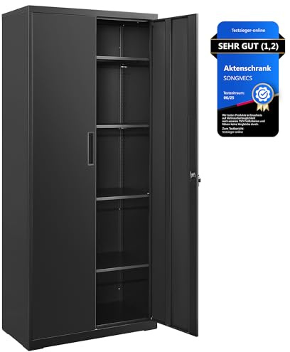 SONGMICS Aktenschrank, Mehrzweckschrank, Stahl-Aufbewahrungsschrank, 5 Ebenen, Doppeltüren, Schloss, Werkzeugschrank, verstellbare Ablagen, Garage, Büro, Wohnzimmer, schwarz OMC015B01