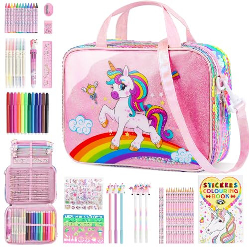 D-FantiX Einhorn Geschenke für Mädchen 4 5 6 7 8-12 Jahre | Malstifte Filzstifte Malset, Buntstifte Set Handtasche Spielzeug für Kinder, Stifte Zeichenset Geschenk Kinder