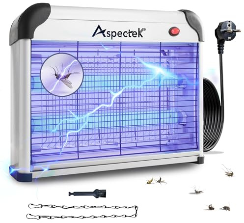 ASPECTEK Elektrischer Insektenvernichter 20W 2800V – UV Mückenfalle & Fliegenfalle für Innen, Insektenlampe gegen Mücken & Fliegen für Küche, Wohnzimmer & Büro, Hochspannungs-Gitter