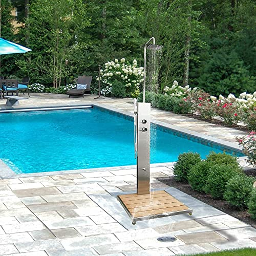 Gartendusche “Sylt” von ELBE aus gebürstetem Edelstahl 304, mit Einhebelmischer, WPC-Bodenplatte, Überkopfdusche, Fußdusche und Handbrause für Garten, Pool und Außenbereich
