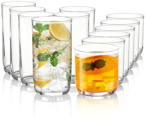 Kyraton Whiskygläser Set aus 12, 6 klare PET-Plastik-Highball-Gläser 420ml & 6 Whisky-Cocktail-Gläser 340ml, robust unzerstörbare Tumbler für Bier, Saft, Milch, Innen- und Außenbereich.