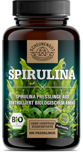 Bio Spirulina Presslinge - 600 Tabletten (500 mg) 6000mg hochdosiert - Bio-Algen aus kontrolliert biologischem Anbau (Herkunft Australien) -Deutsche Abfüllung- SCHEUNENGUT®