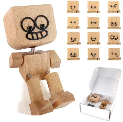 Audasi SchüTtelmann Aus Holz, Kleine Holzfigur mit 12 AusdrüCke Wackelnder holzmann Handgefertigter Wackelfigur Wackelfigur Auto für Armaturenbrett Autozubehör Schreibtisch Dekoration Figurine
