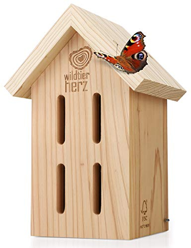 wildtier herz I Schmetterlingshaus - unbehandelt & robust, Insektenhotel Schmetterling aus wetterfestem Massiv-Holz – Schmetterlinge züchten für den Garten