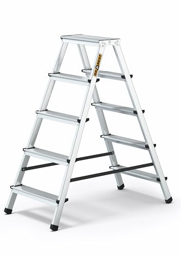 DRABEST Klappleiter Klapptritt Alu Leiter 2 x 5 Stufen Trittleiter Beidseitig Mehrzweckleiter bis 125 kg Belastbar Leiter