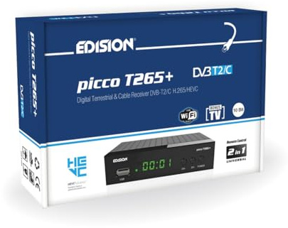 Edision Picco T265+ Terrestrischer DVB-T2 und Kabel DVB-C Receiver, H265 HEVC, FTA Full HD PVR, USB, HDMI, SCART, S/PDIF, IR, USB WiFi Support, Universal 2in1 Fernbedieung, Schwarz