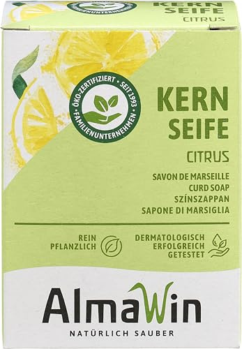AlmaWin® Kernseife mit zartem Zitronenduft [100g] - Stückseife für sanfte Hautreinigung - Vegane Seife Bio für gründliche Reinigung in Haushalt & Werkstatt - Kernseife Zitrone, Seife