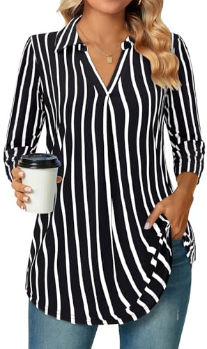 Siddhe Damen V-Ausschnitt Bluse 3/4 Ärmel Oberteile Tunika Tops Locker Longshirt Lässige T-Shirt Langarm Hemd