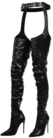 blingqueen Damen Overknees Chap Boots Stiletto Spitze Stiefel Reißverschluss Lederoptik Schwarz 41 EU