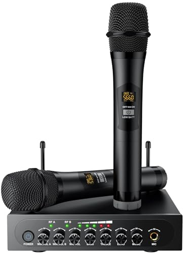 PROZOR UHF Funkmikrofon Set 2X Drahtlos Dynamisch Mikrofone + 2-Kanal UHF Empfänger Festfrequenz Bluetooth Empfänger RCA AV Receiver Mikro Karaoke Handmikrofon System