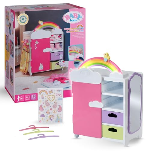 BABY born Regenbogenschrank - Aufbewahrung für Puppenkleidung - Mit leuchtendem Regenbogen & fröhlichen Sounds - Hochwertiges Puppen Zubehör inkl. Schuhbladen, Kleiderbügel & Stickern